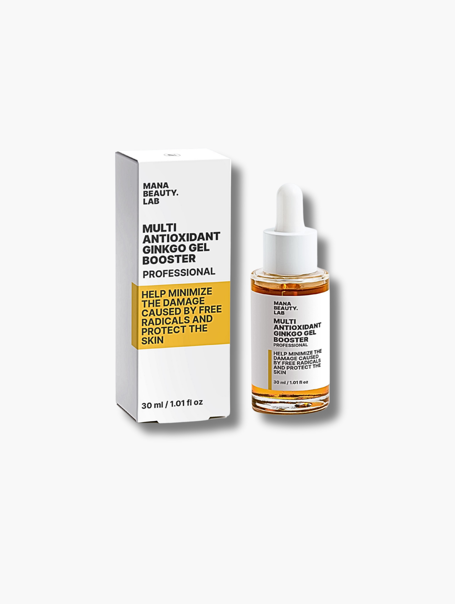 Antioxidant Ginkgo Gel Booster by MANA BEAUTY.LAB with packaging on white background