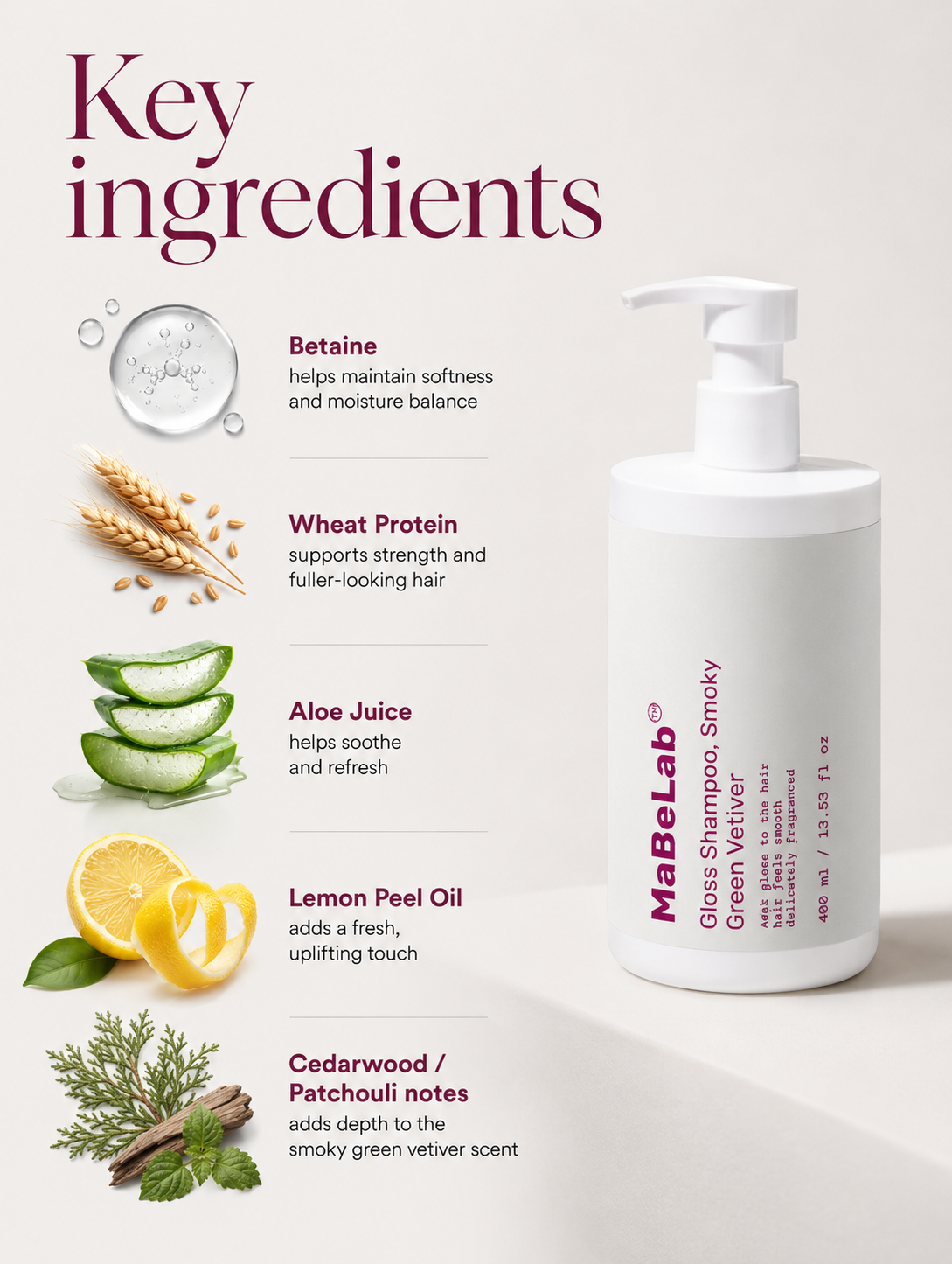 MaBeLab shampoo bottle with key ingredients listed on a light background