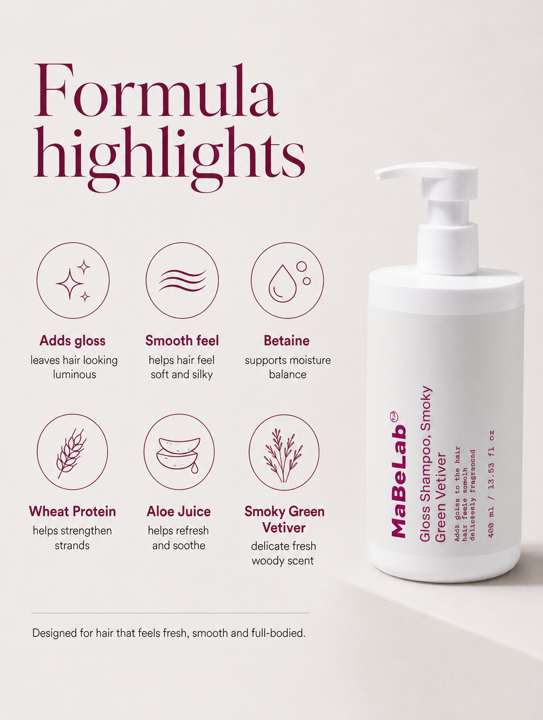 MabeLab shampoo bottle with formula highlights on a light background