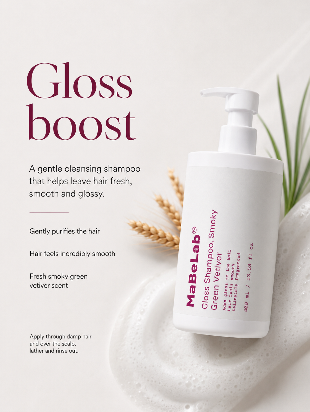 MaibeLab Gloss Boost shampoo bottle with text on a white background