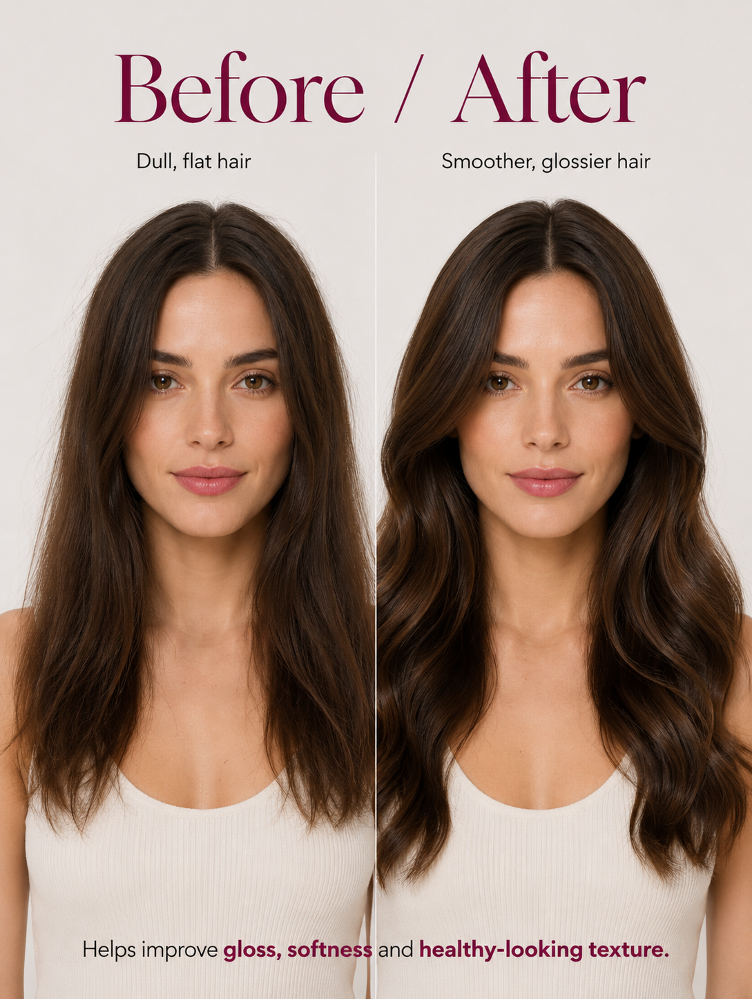 Before and after comparison of hair treatment on a woman with long brown hair.